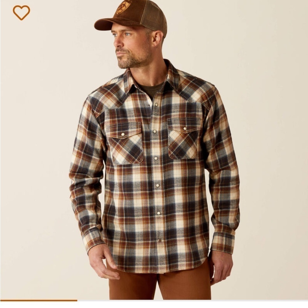 Ariat Harford Retro Fit Shirt plaid snap button front cotton tan black cream XL